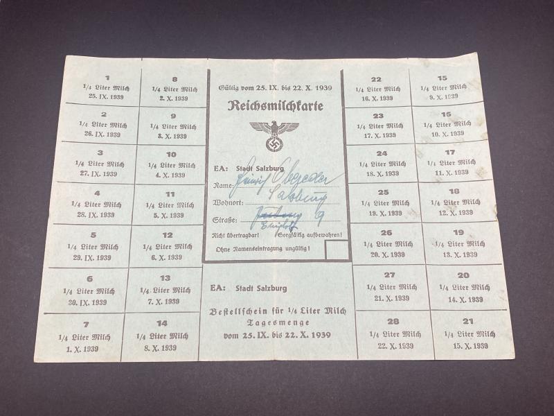“Reichmilschkarte” German Milk Ration Card 1939