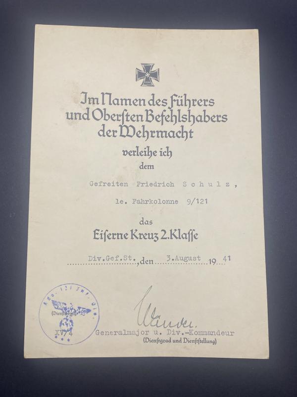 Iron Cross Second Class Citation 121 Infantry Division Gefreiten Friedrich Schulz Le.Fahrkolonne 9/121