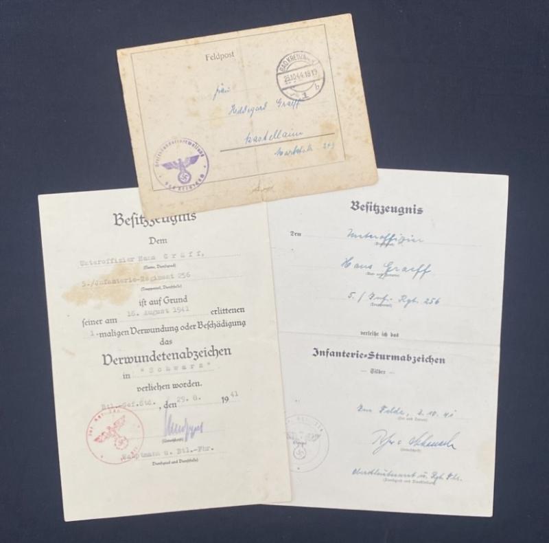 Infantry Assault Badge & Wound Badge Citations to Unteroffizier Hans Graff Inf.Regt.256