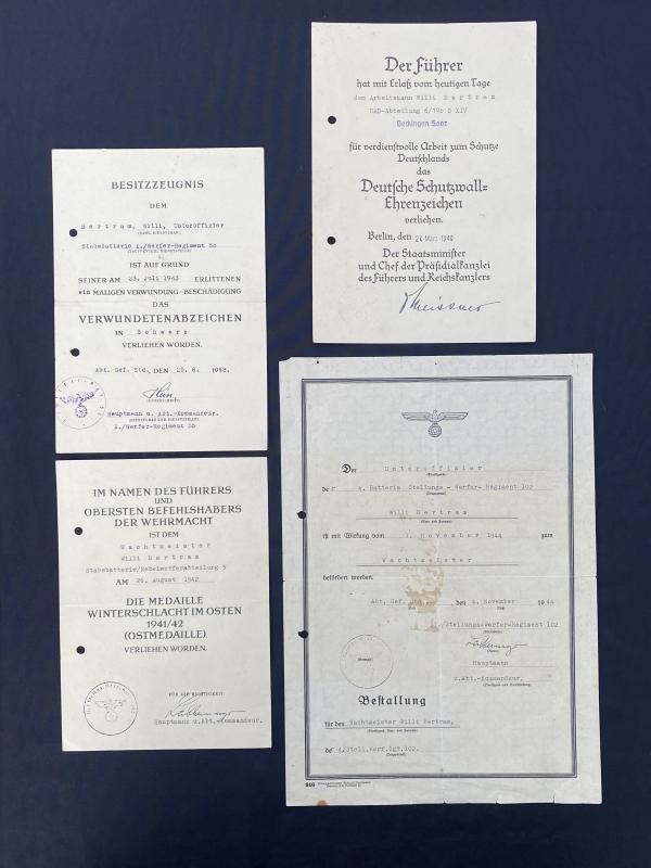 Three Award Citations & Promotion Document Unteroffizier Willi Bertram Nebelwerfer Unit