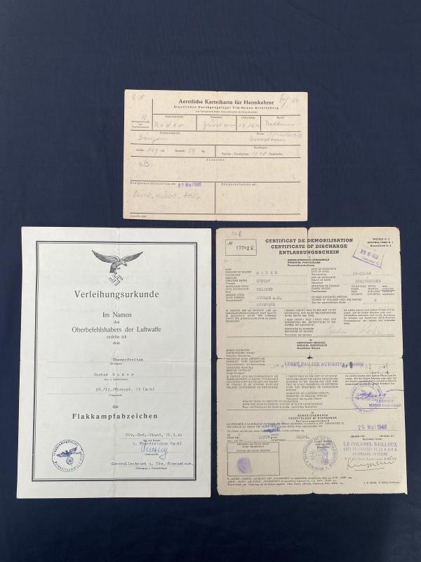 Flakkampfabzeichen Citation & Discharge Certificate Obergefreiter Gustav Roder 10./II./Flakrgt.23 (mot)