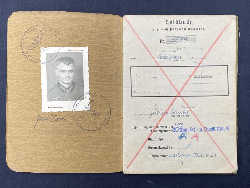 German Army Soldbuch Soldat Julius Sauter KIA April 1945 3./San.Ers.Aus.Abt.5.