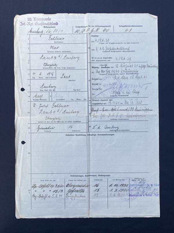 10.Kompanie Inf.Rgt.Großdeutschland Soldbuch Papers Obergefreiter Max Fehluer