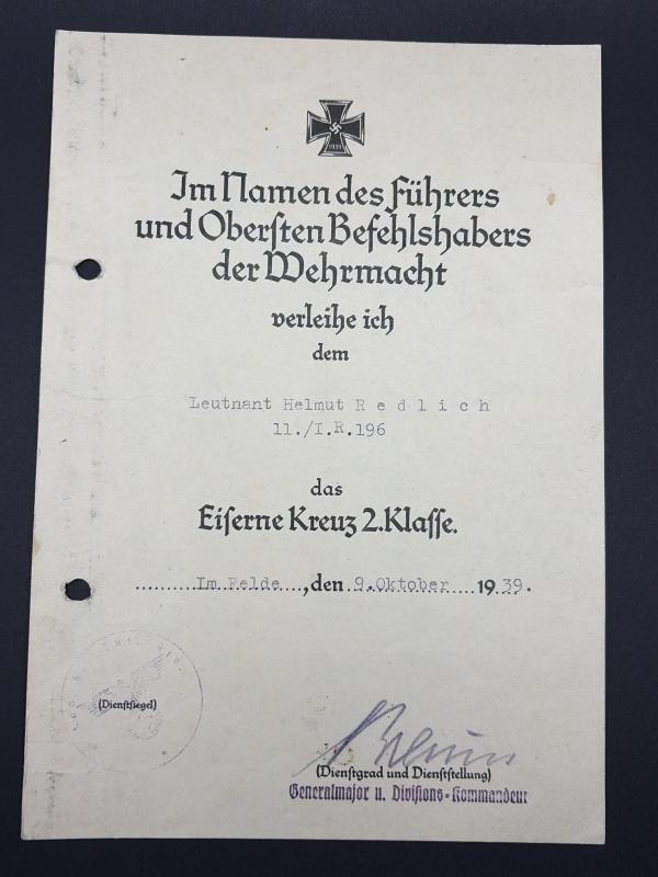 Early Iron Cross Second Class Citation Leutnant Helmut Redlich Inf.Rgt.196