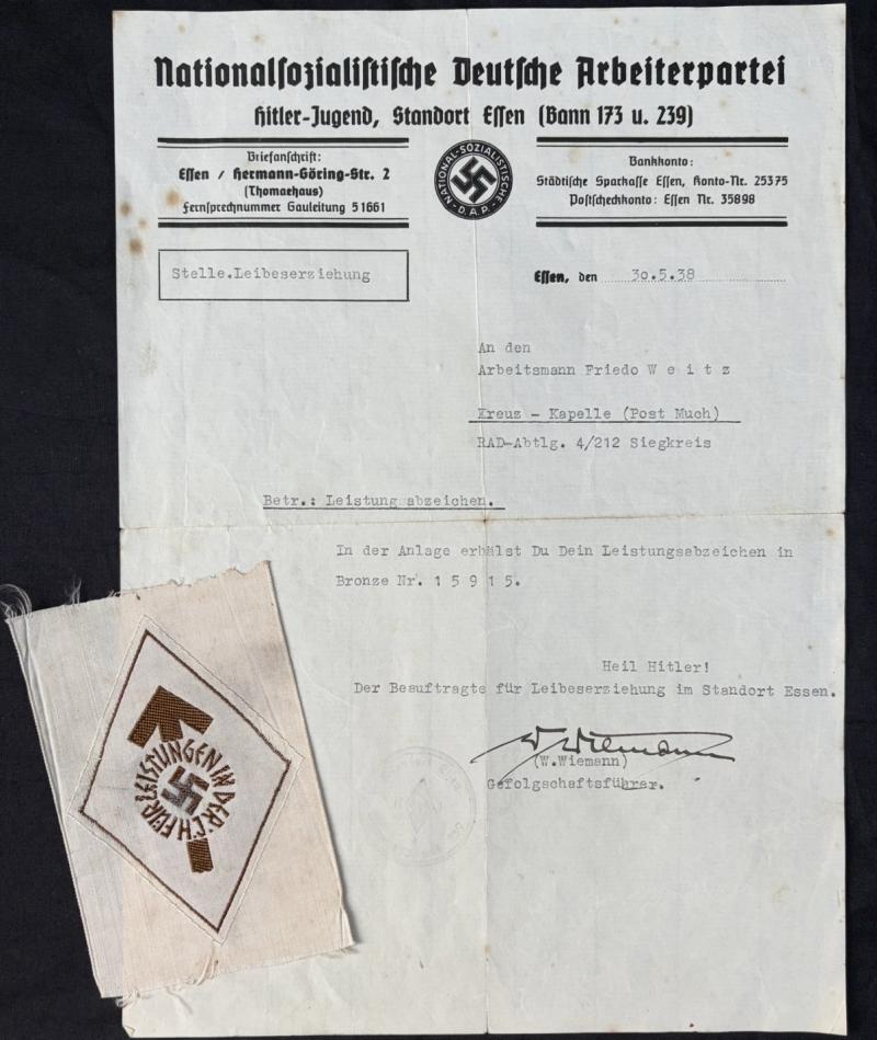 Bronze HJ Leistungsabzeichen Citation With Cloth Award