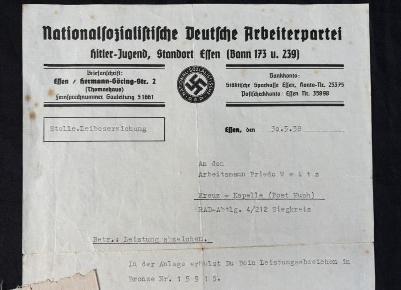 Bronze HJ Leistungsabzeichen Citation With Cloth Award