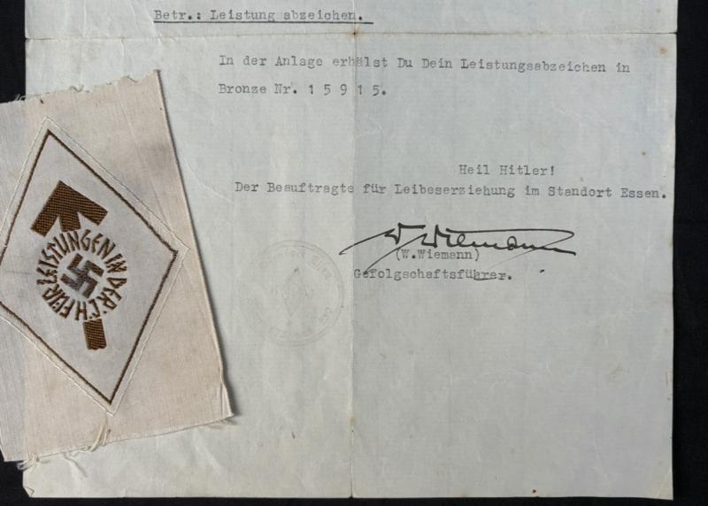 Bronze HJ Leistungsabzeichen Citation With Cloth Award