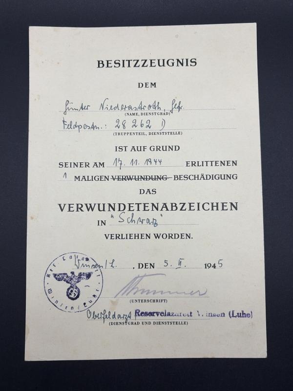 Black Wound Badge Citation Gefr. Günter Niederasdroth Division Gross Deutschland