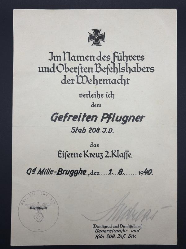 Iron Cross Second Class Citation Gefreiter Pflugner 208th Infantry Division