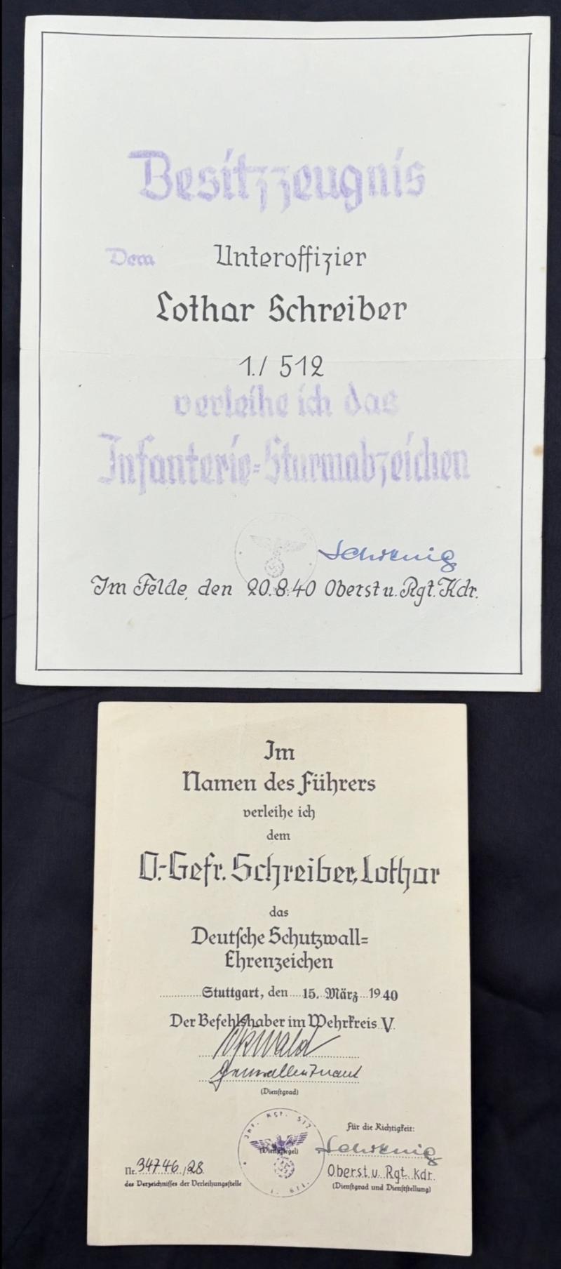 Pair of German Award Citations Infantry Assault Badge & Westwall Medal