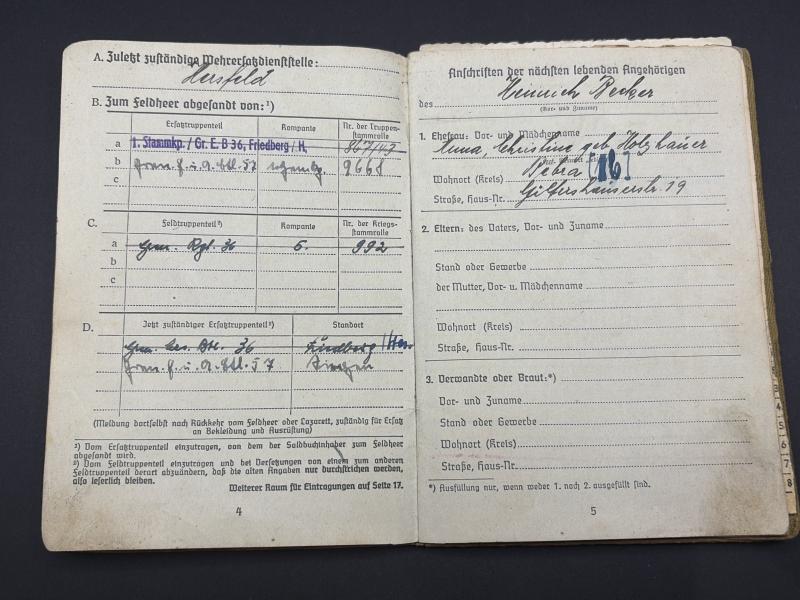 German Army Soldbuch Unteroffizier Heinrich Becker Gren.Regt.57 9th Infantry Division