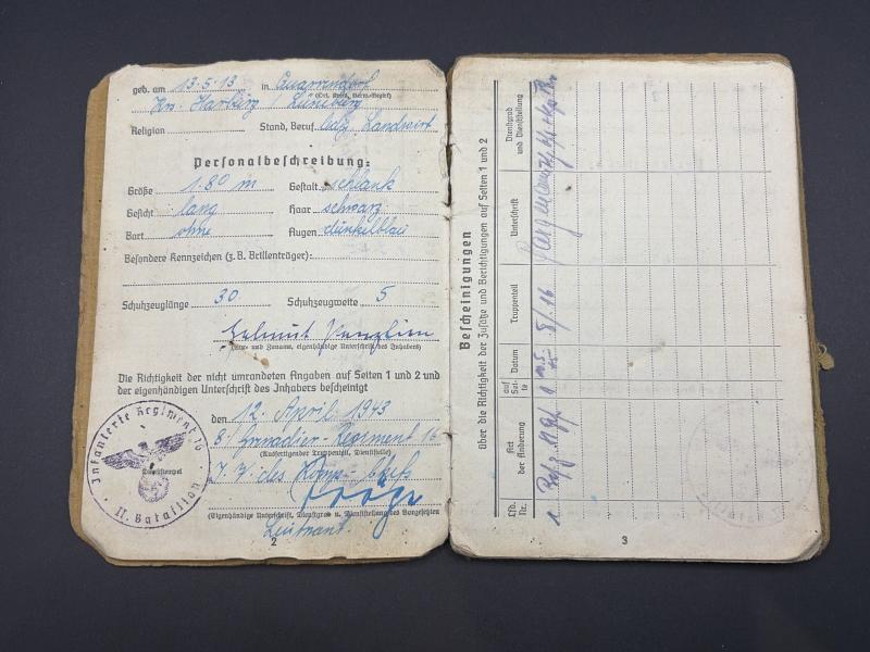 German Army Soldbuch Stabsgefreiter Helmut Penzlin Greece & Western Europe With Many Awards