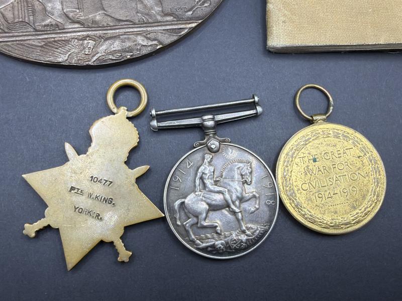 WW1 Medal Trio & Plaque 10477 Pte.W.King Yorkshire Regiment KIA 1916
