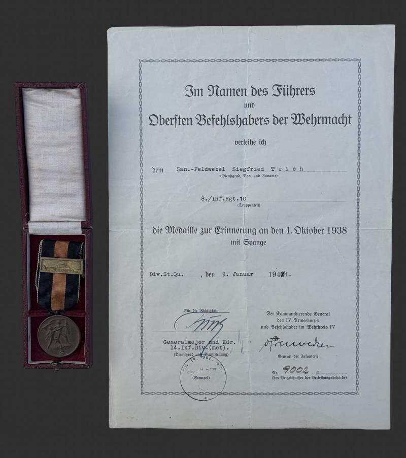 1.Oktober 1938 Medal & Citation San.Feldwebel Siegfried Teich Inf.Rgt.10/ 14th Motorised Infantry Division
