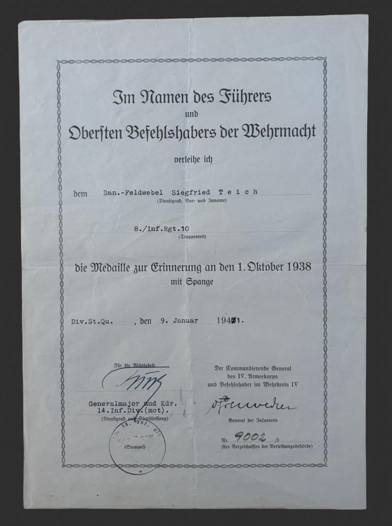 1.Oktober 1938 Medal & Citation San.Feldwebel Siegfried Teich Inf.Rgt.10/ 14th Motorised Infantry Division