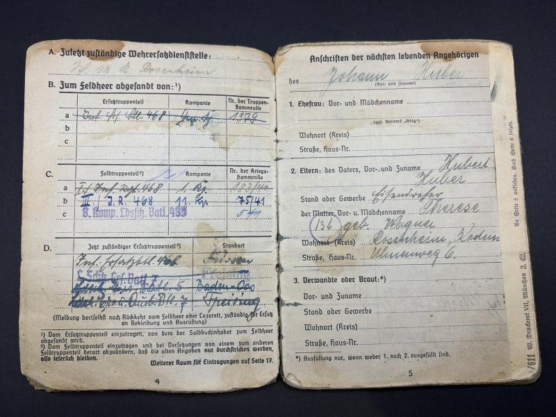 German Army Soldbuch Stabsgefreiter Johann Huber Inf.Regt.468/ Landeschutz Batl.435