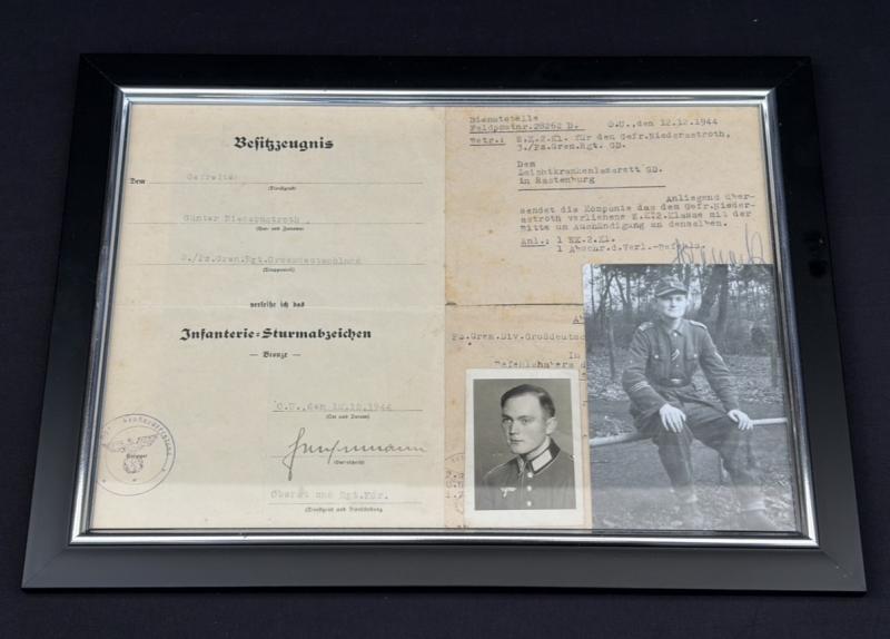 Infantry Assualt Badge in Bronze Citation Gefreiter Günter Niederastroth 3./Pz.Gren.Rgt.Grossdeutschland With EK2 Award Notice & Photographs