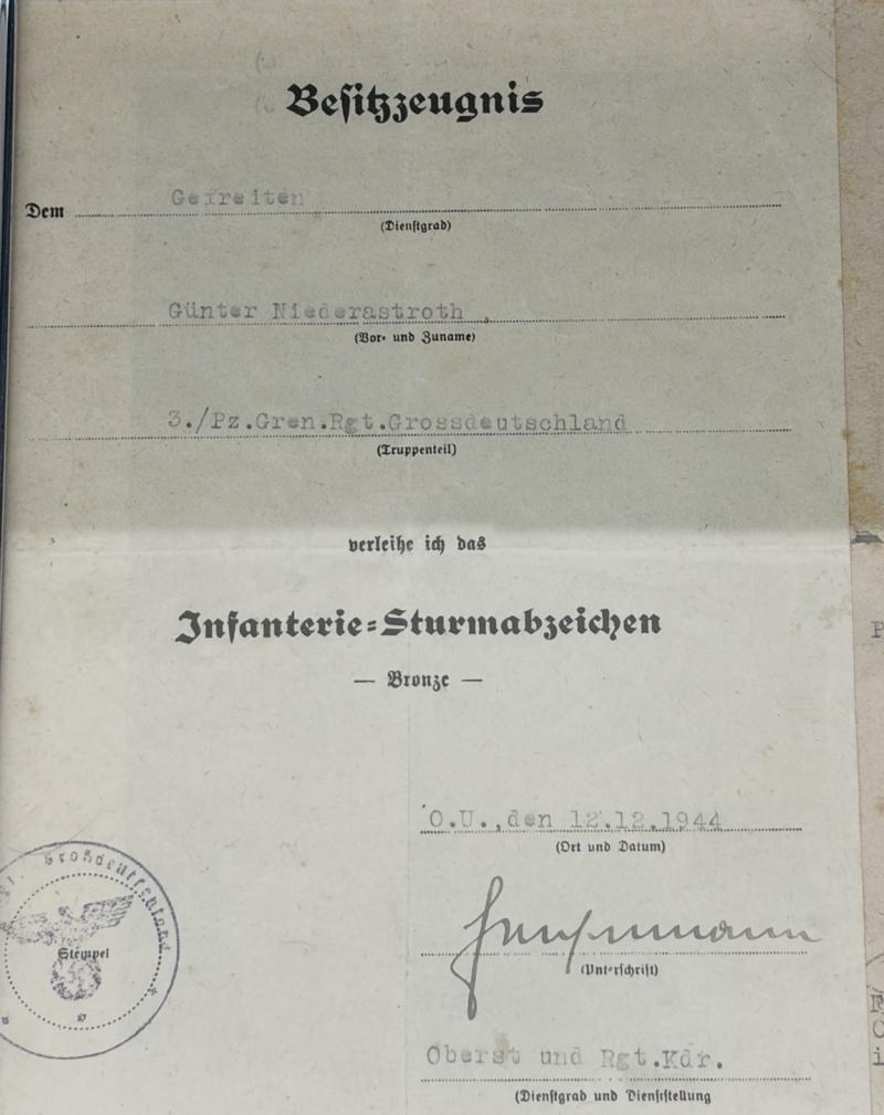 Infantry Assualt Badge in Bronze Citation Gefreiter Günter Niederastroth 3./Pz.Gren.Rgt.Grossdeutschland With EK2 Award Notice & Photographs