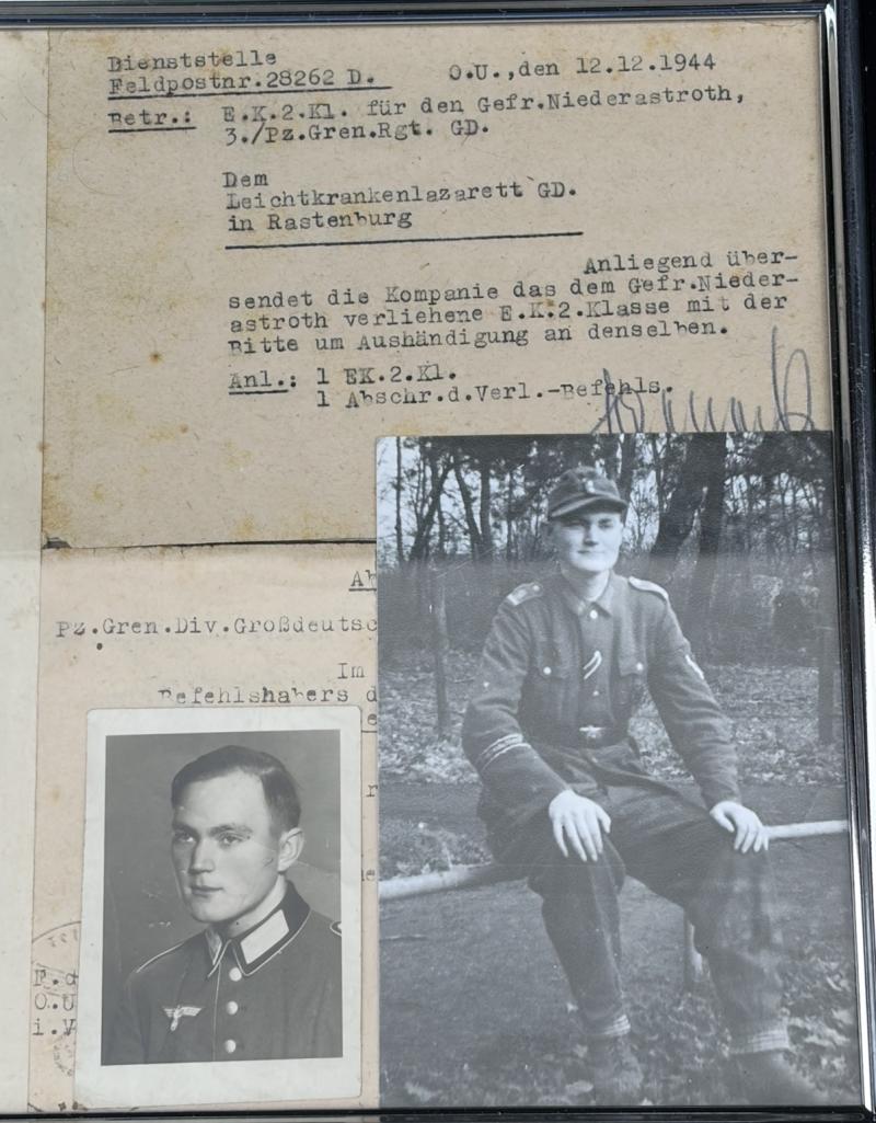 Infantry Assualt Badge in Bronze Citation Gefreiter Günter Niederastroth 3./Pz.Gren.Rgt.Grossdeutschland With EK2 Award Notice & Photographs