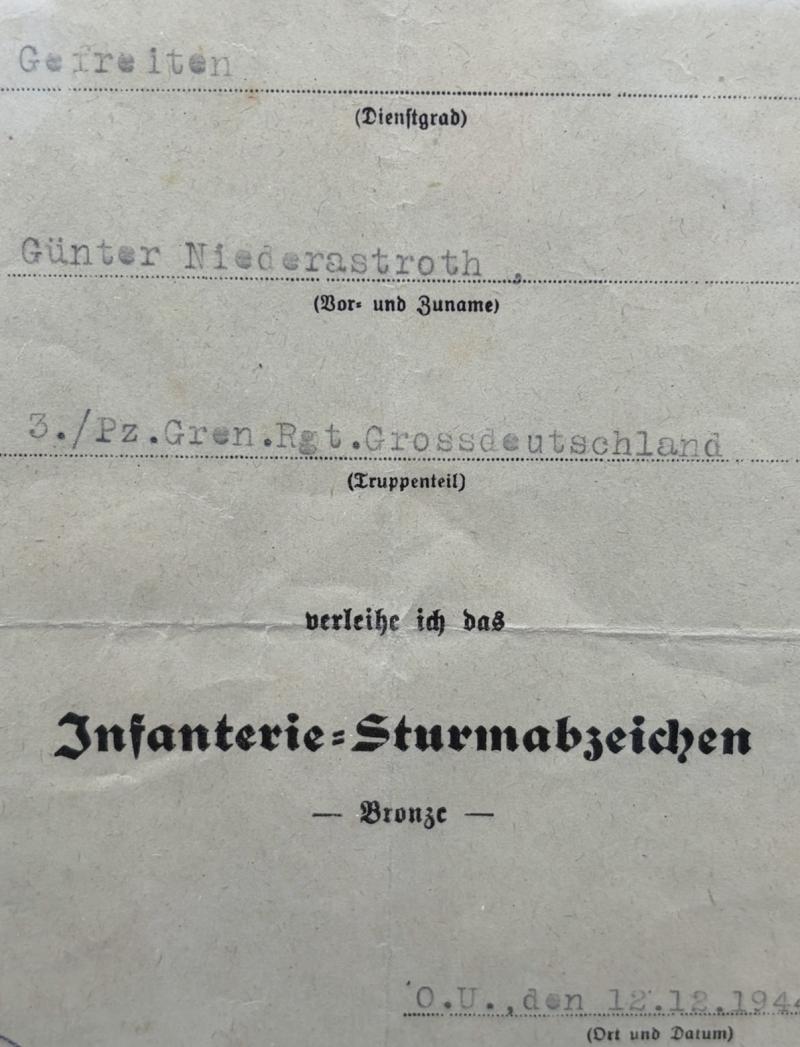 Infantry Assualt Badge in Bronze Citation Gefreiter Günter Niederastroth 3./Pz.Gren.Rgt.Grossdeutschland With EK2 Award Notice & Photographs