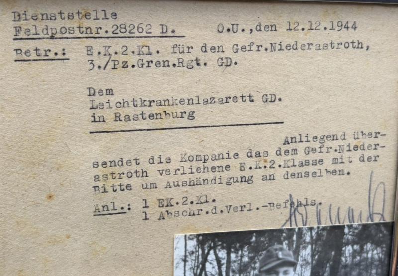 Infantry Assualt Badge in Bronze Citation Gefreiter Günter Niederastroth 3./Pz.Gren.Rgt.Grossdeutschland With EK2 Award Notice & Photographs