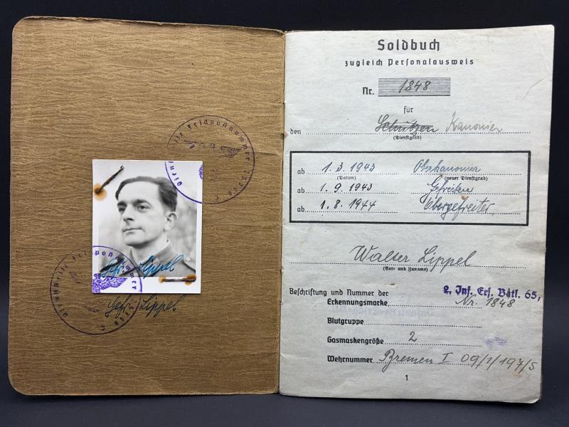 German Army Soldbuch Obergefreiter Walter Lippel A.R.245 (245 ID) Rouen & Arnhem