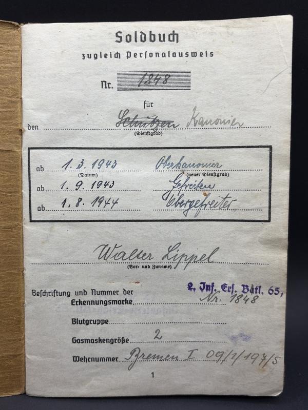 German Army Soldbuch Obergefreiter Walter Lippel A.R.245 (245 ID) Rouen & Arnhem
