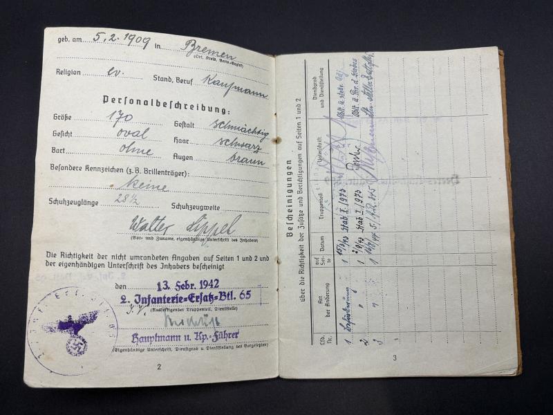 German Army Soldbuch Obergefreiter Walter Lippel A.R.245 (245 ID) Rouen & Arnhem