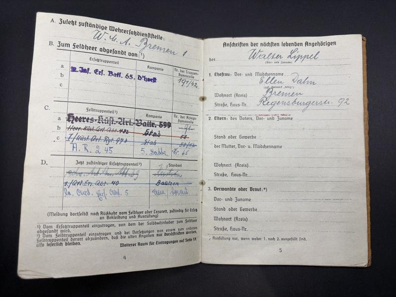 German Army Soldbuch Obergefreiter Walter Lippel A.R.245 (245 ID) Rouen & Arnhem
