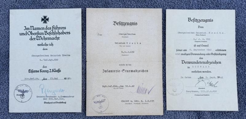 Three Award Citations Obergefreiter Heinrich Treitz 9./Inf.Rgt.692