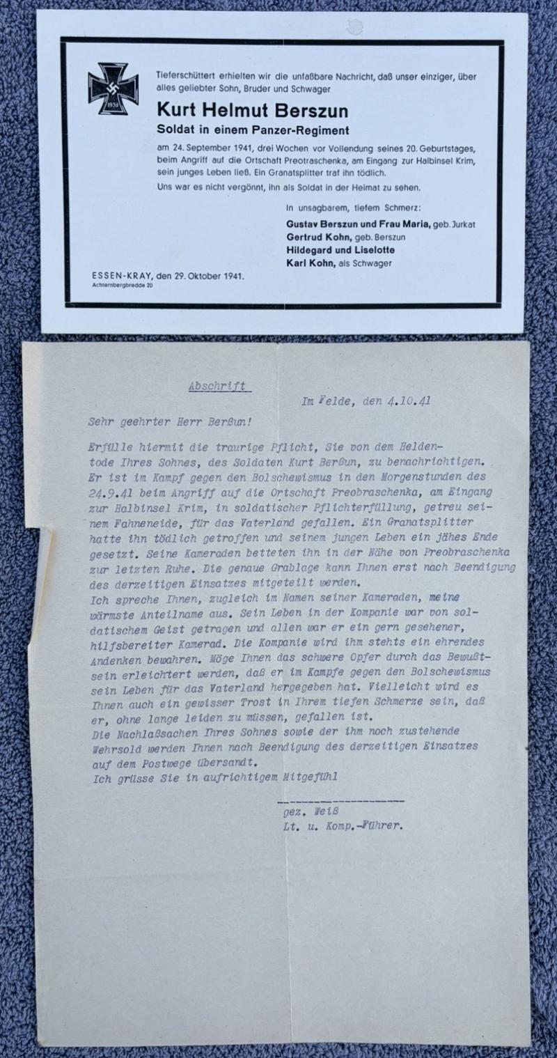 German Panzergrenadier Kurt Helmut Berszun KIA Notice Paperwork