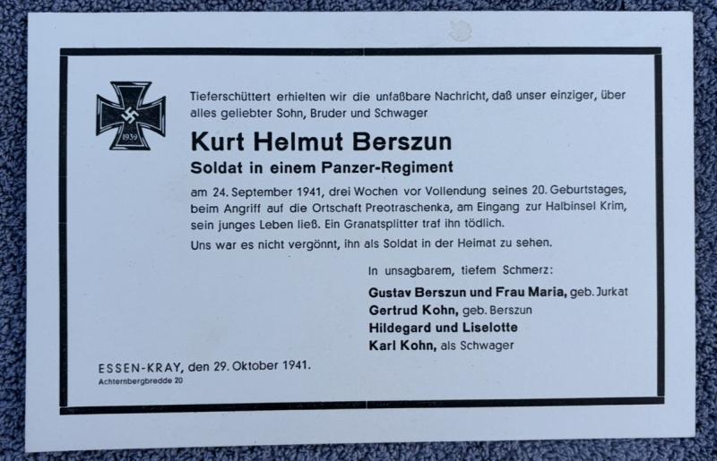 German Panzergrenadier Kurt Helmut Berszun KIA Notice Paperwork