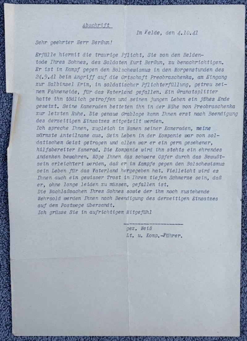 German Panzergrenadier Kurt Helmut Berszun KIA Notice Paperwork