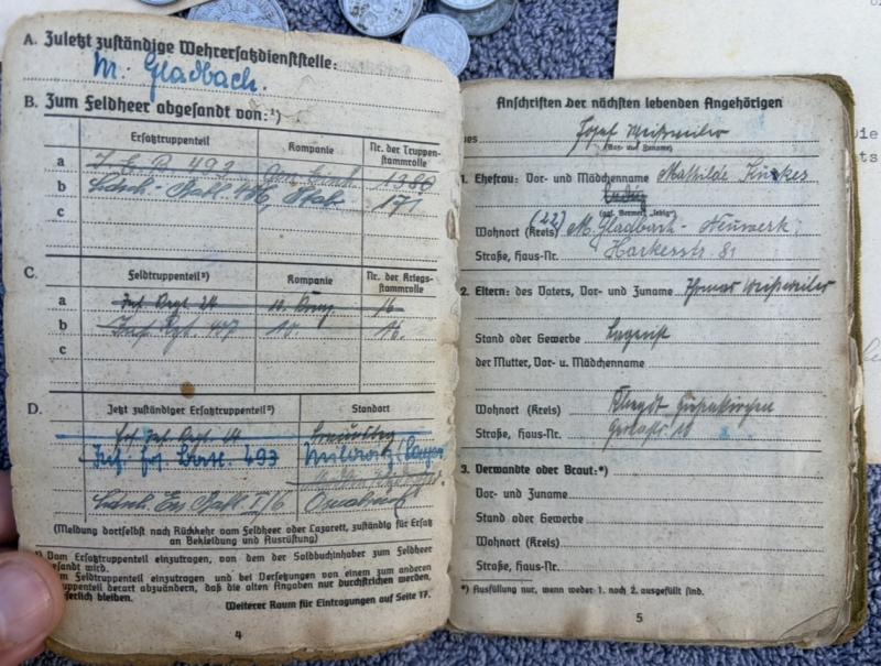 German Army Soldbuch Grouping Sonderfuhrer Paymaster Josef Weissweiler Infantry Regiment 24 & 407
