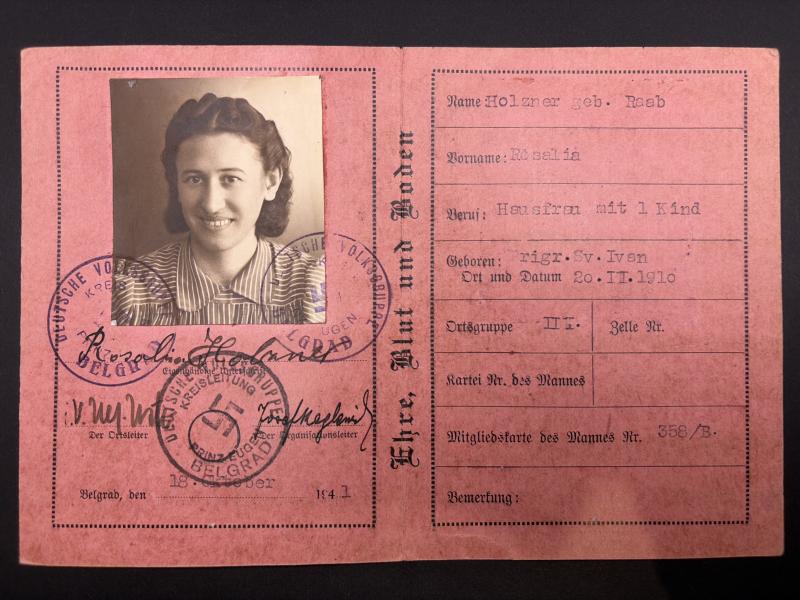 Deutsche Volksgruppe S.D.K.B. Female Members Card Occupied Serbia