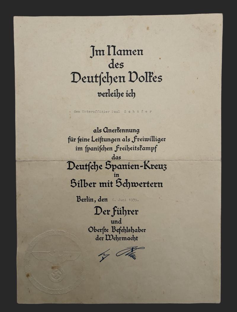 Legion Condor Spanish Cross in Silver With Swords Citation 6th June 1939 Unteroffizier Paul Schäfer