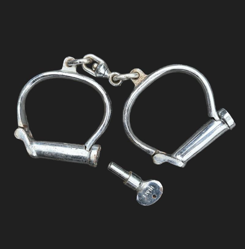 Early 20th Century British Police Hiatt Nickel Plated Handcuffs With Key