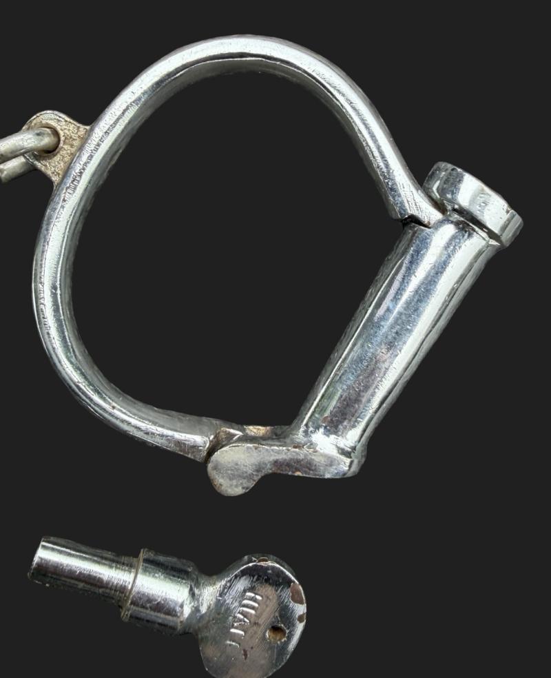 Early 20th Century British Police Hiatt Nickel Plated Handcuffs With Key