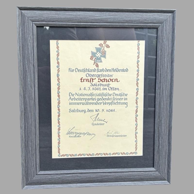 Framed NSDAP Death Notice Hand Signed By The Gauleiter of Salzburg Dr Gustav Adolf Scheel