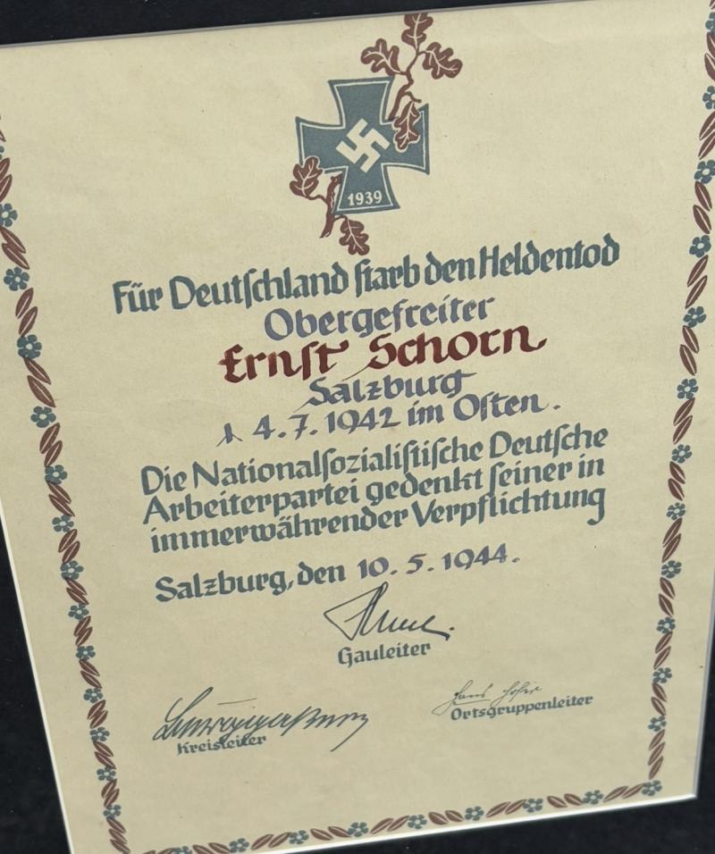 Framed NSDAP Death Notice Hand Signed By The Gauleiter of Salzburg Dr Gustav Adolf Scheel