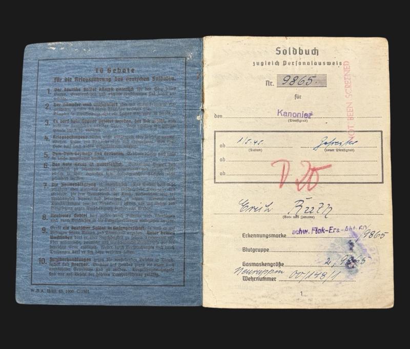 Late War Luftwaffe Soldbuch Kanonier Erich Ruth Flak Regiment in Wismar