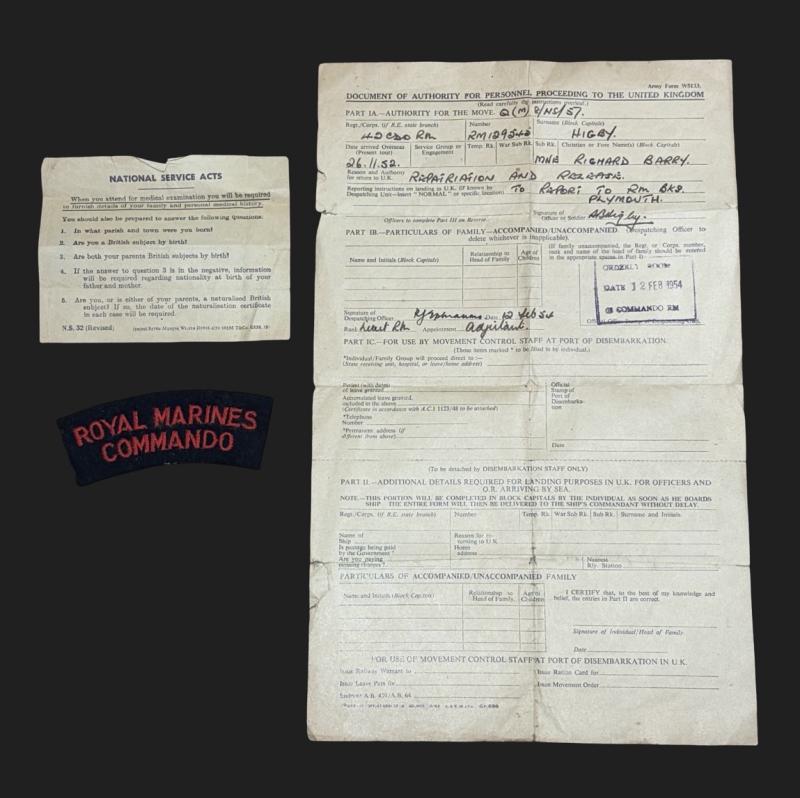 42 Commando Royal Marines Release Papers & Shoulder Title RM129545 R.B.Higby