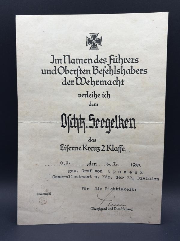 Iron Cross Second Class Citation Document Oberschutzer Seegelken 22nd Air Landing Division (Netherlands)