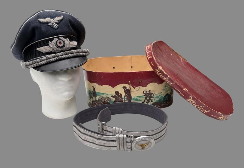 Double Erel Marked Luftwaffe Officers Visor Cap, Brockade Belt, Buckle & Hat Box