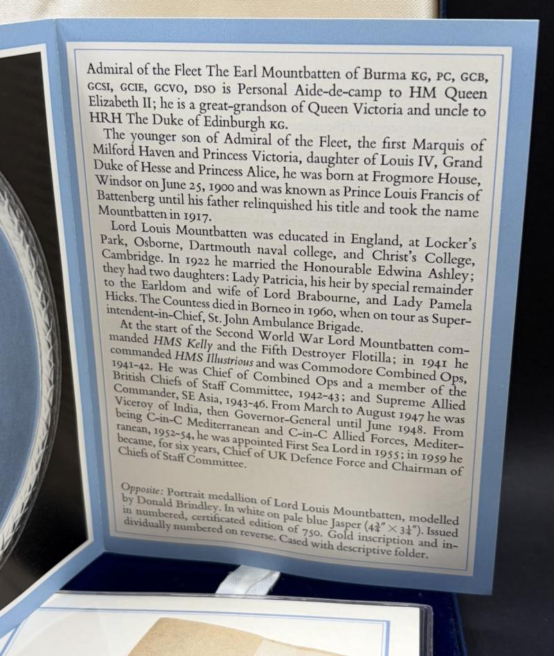 Admiral of the Fleet The Earl Mountbatten of Burma Wedgwood Table Medallion Issue 344/750 With Autograph
