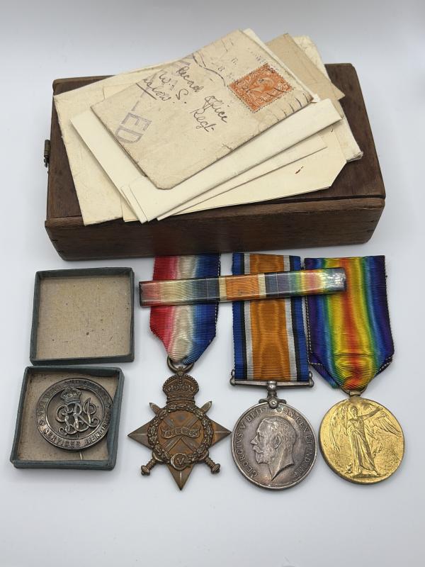 WW1 Medal Trio, Wound Badge & Papers to L-8487 W.O.CL.2. H.J.SMITH. E.KENT.R.