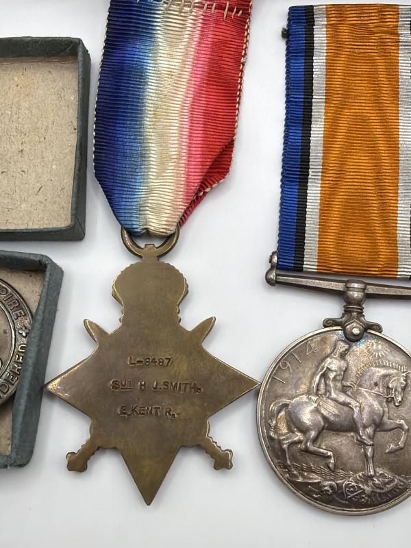WW1 Medal Trio, Wound Badge & Papers to L-8487 W.O.CL.2. H.J.SMITH. E.KENT.R.