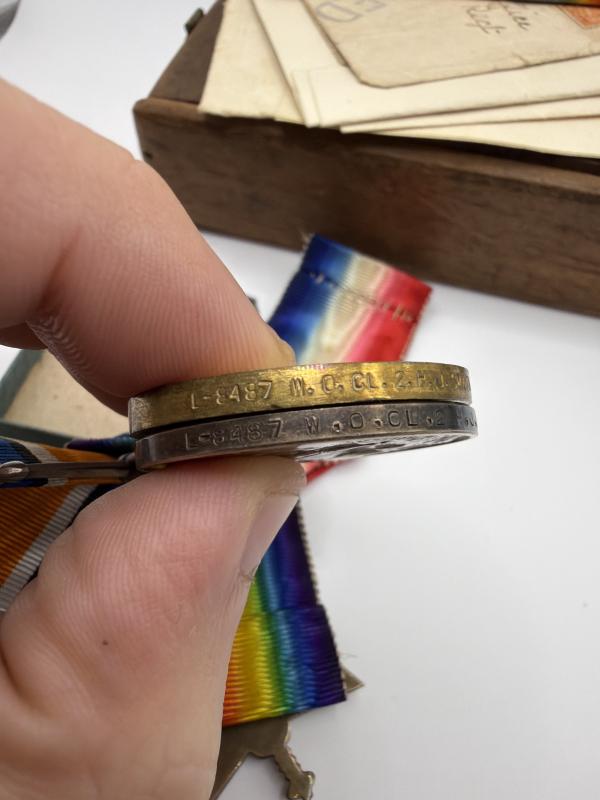 WW1 Medal Trio, Wound Badge & Papers to L-8487 W.O.CL.2. H.J.SMITH. E.KENT.R.
