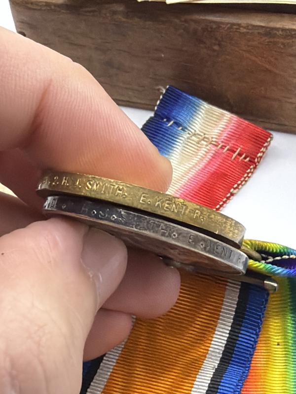 WW1 Medal Trio, Wound Badge & Papers to L-8487 W.O.CL.2. H.J.SMITH. E.KENT.R.
